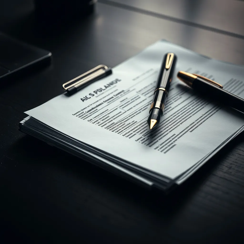 Close up of a financial document with a fountain pen on a da