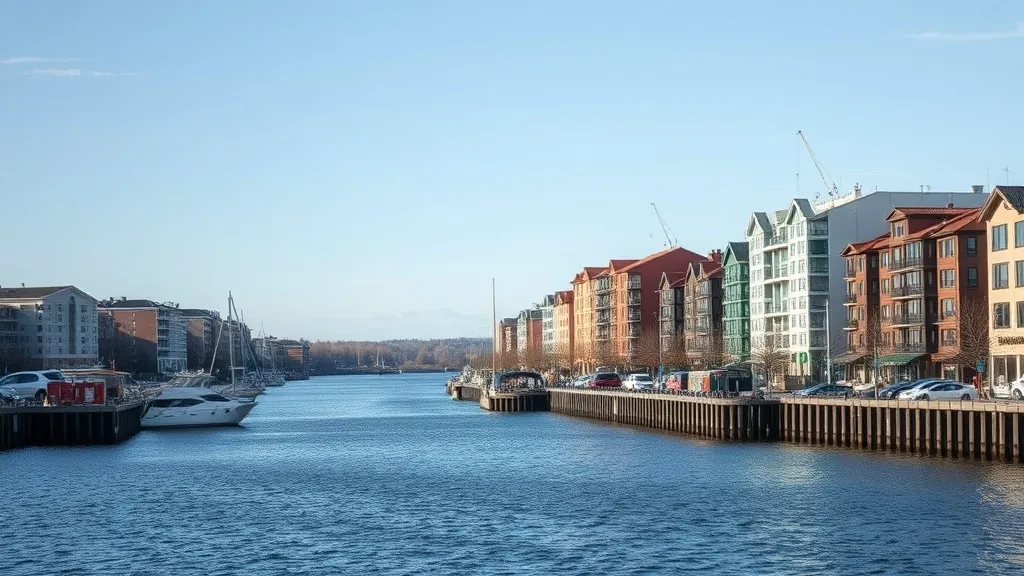 Clean wide shot of Levis waterfront and residential building