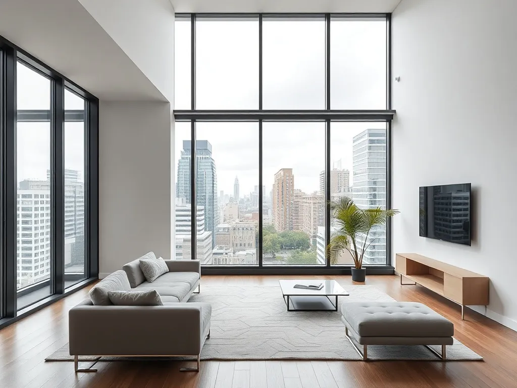 Minimalist modern apartment interior in Montreal, large wind