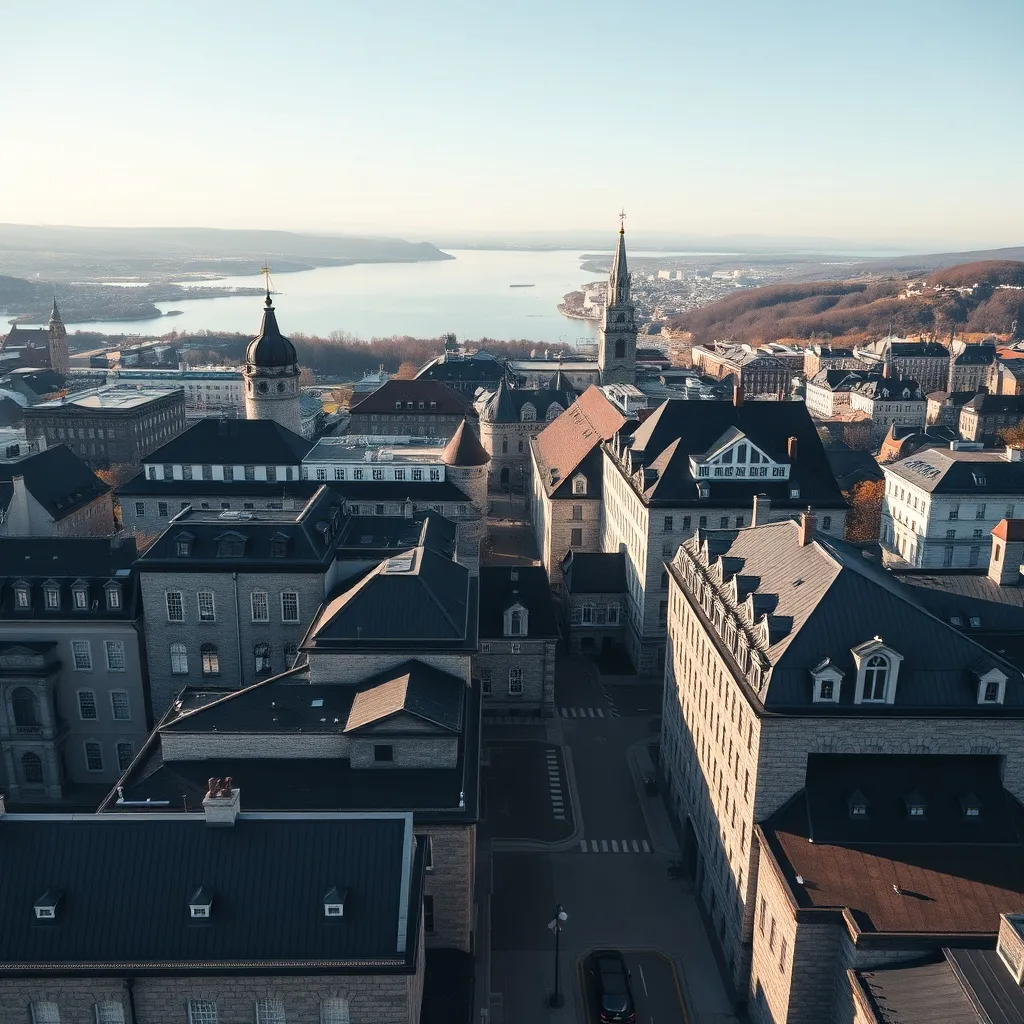 A wide minimalist aerial shot of Quebec City architecture wi