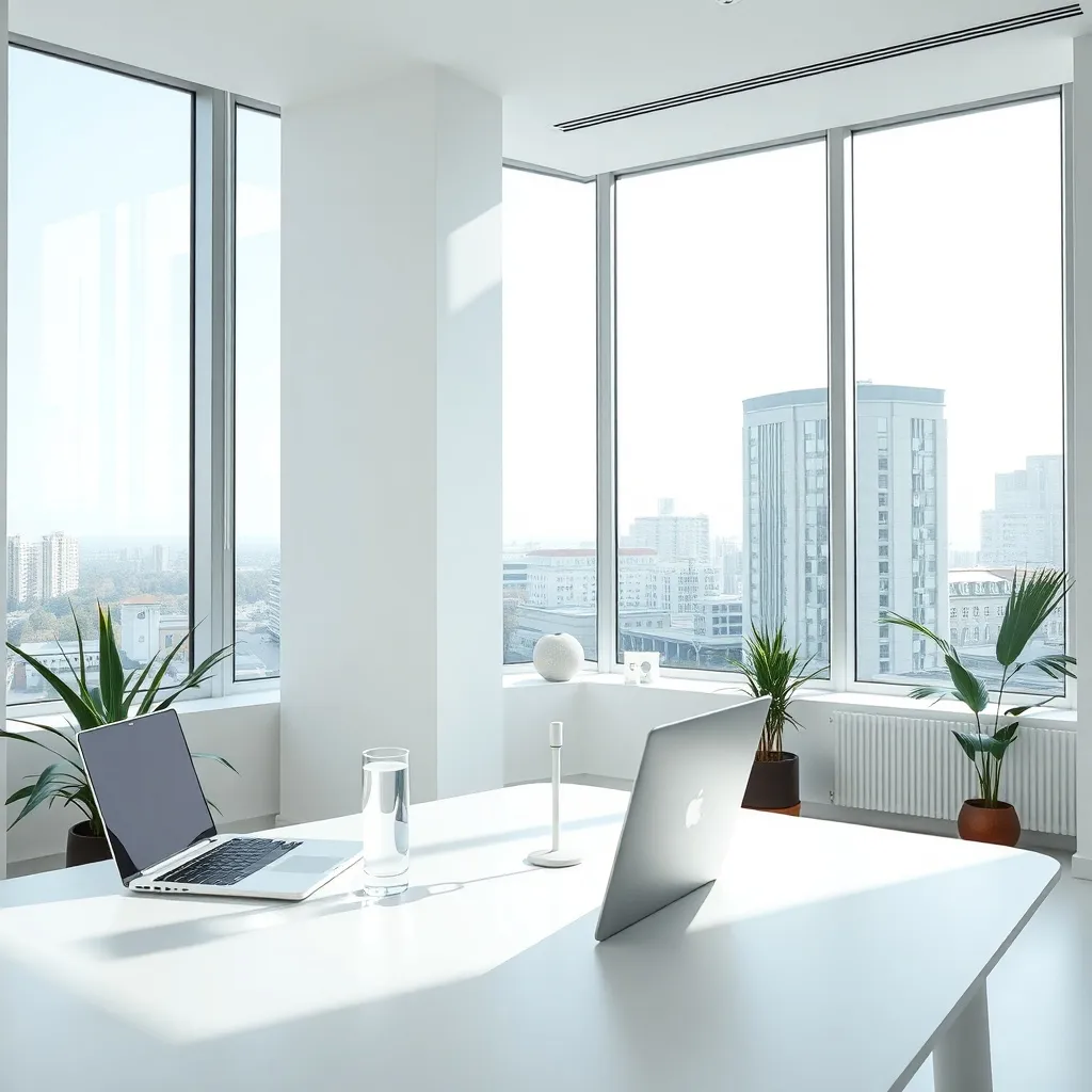 Modern minimalist office interior, large windows, white wall