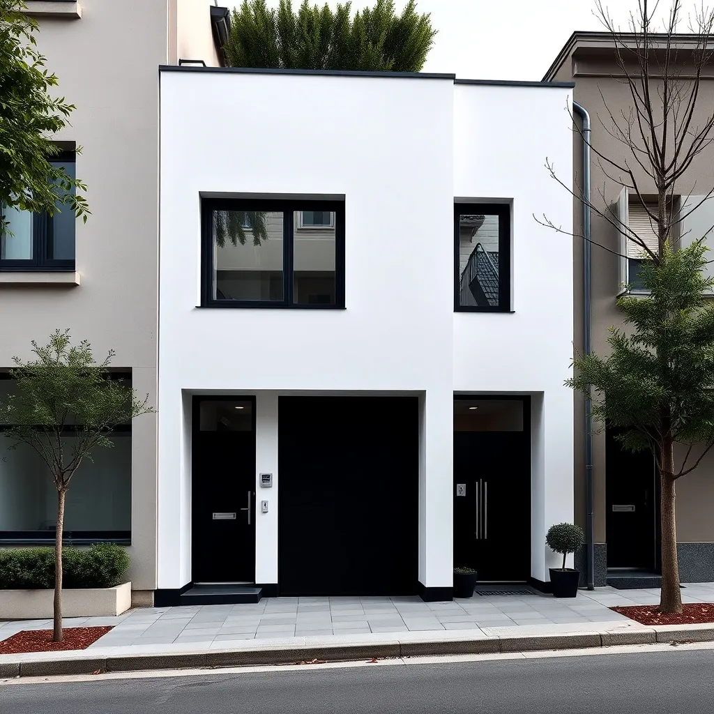 Modern clean townhouse facade in a quiet street, minimalist